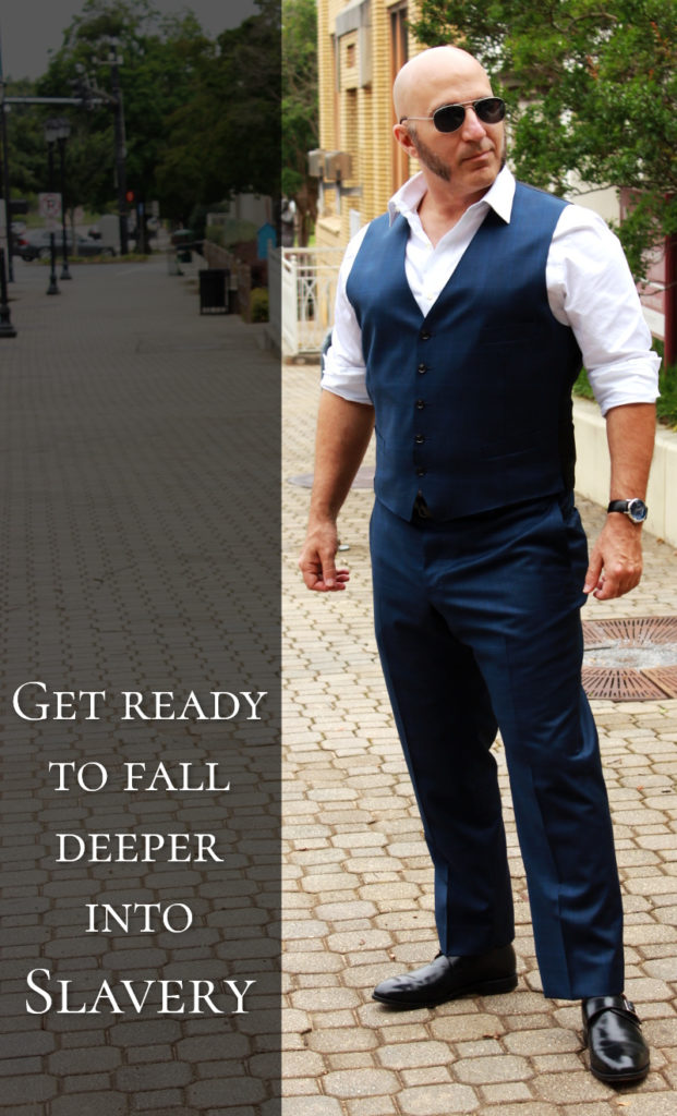 Picture with Master Shadow Priest in vest and open-collared shirt. Caption reads "get ready to fall deeper into slavery"